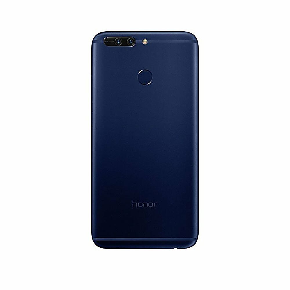 Retro del telefono Honor blu. Due fotocamere e sensore di impronte digitali.