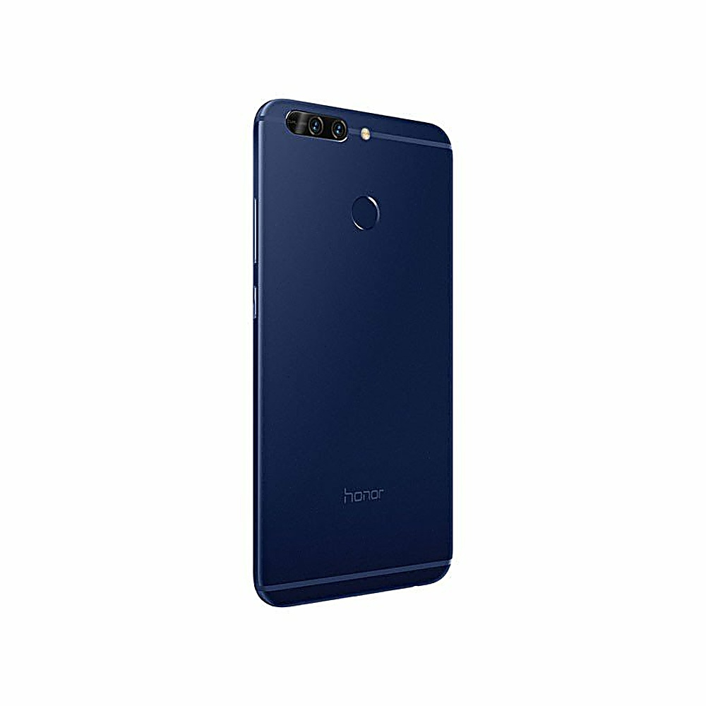 Telefono Honor blu con due fotocamere e un sensore rotondo sul retro.
