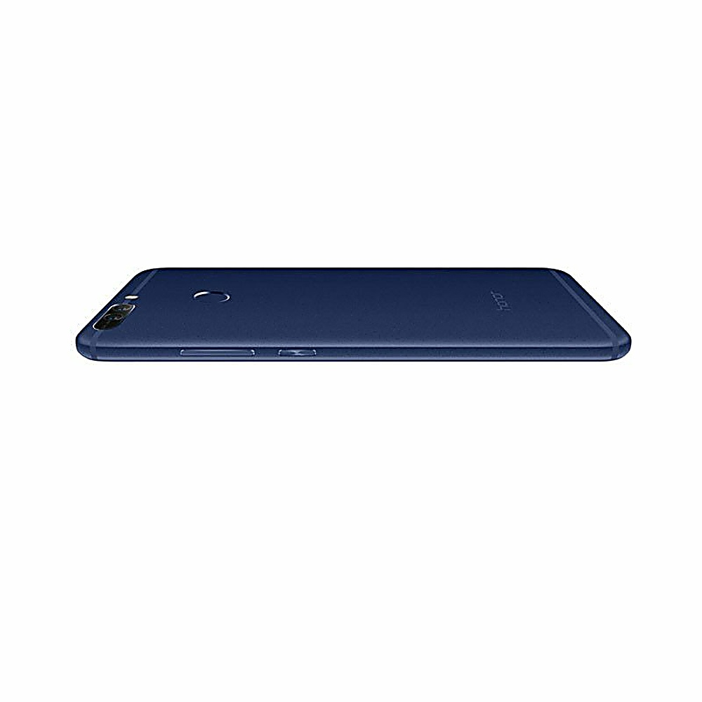 Telefono blu, piatto su una superficie bianca. Lo schermo è scuro.