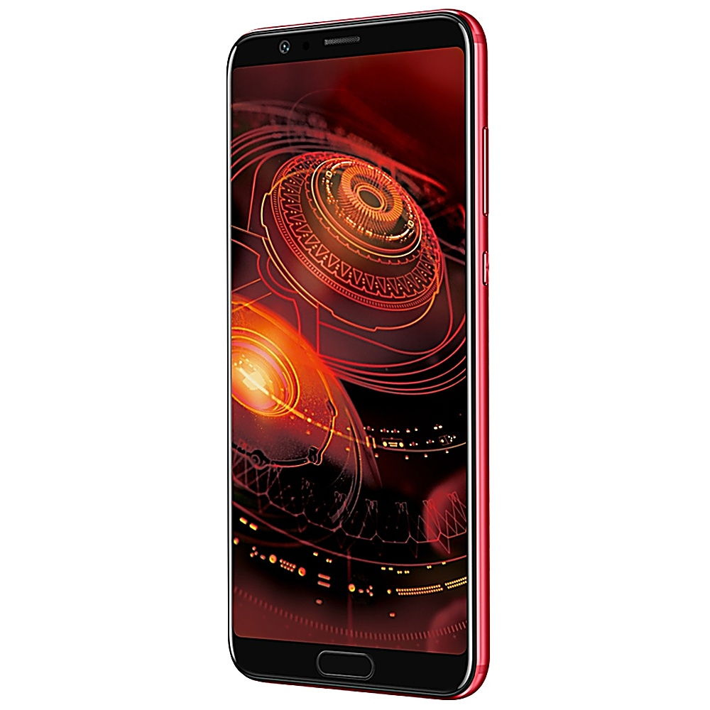 Ein rotes Telefon zeigt einen Technik-Bildschirm, mit rotem Gehäuse und schwarzem Bildschirm.