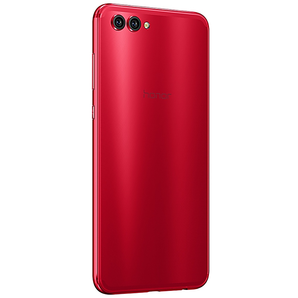 Die Rückseite eines roten Honor-Telefons ist sichtbar, mit Dual-Kamera und Honor-Logo.