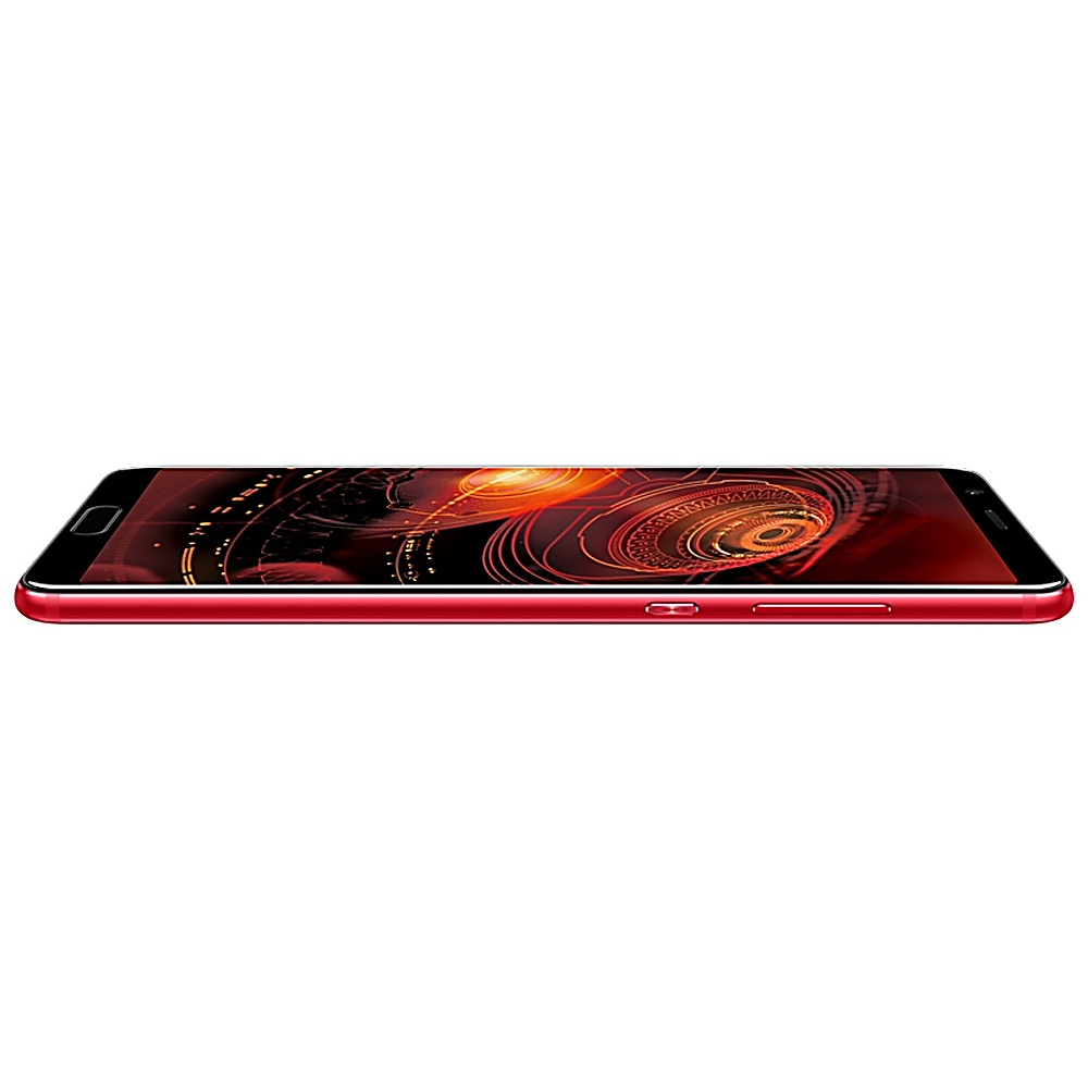 Ein rotes Telefon, horizontal liegend, zeigt eine Technik-Oberfläche auf dem Bildschirm.