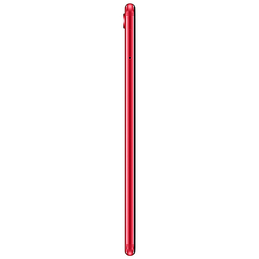 Ein rotes Telefon wird von der Seite betrachtet, mit rotem Gehäuse und schwarzem Bildschirm.