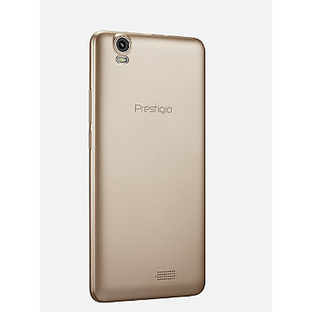 Il retro del telefono Prestigio dorato mostra fotocamera e testo Prestigio.