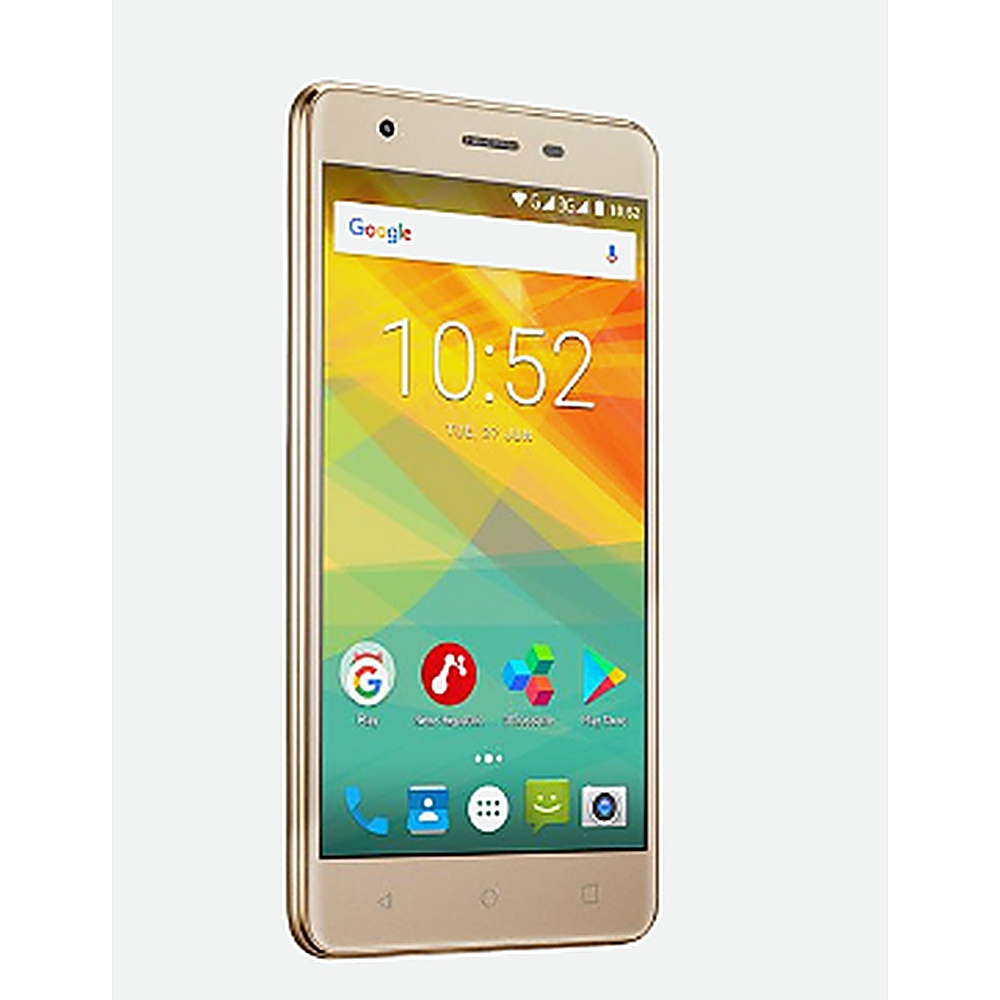 Smartphone dorato con schermo con icone. L'ora è 10:52. Lo schermo mostra Google e icone di app.