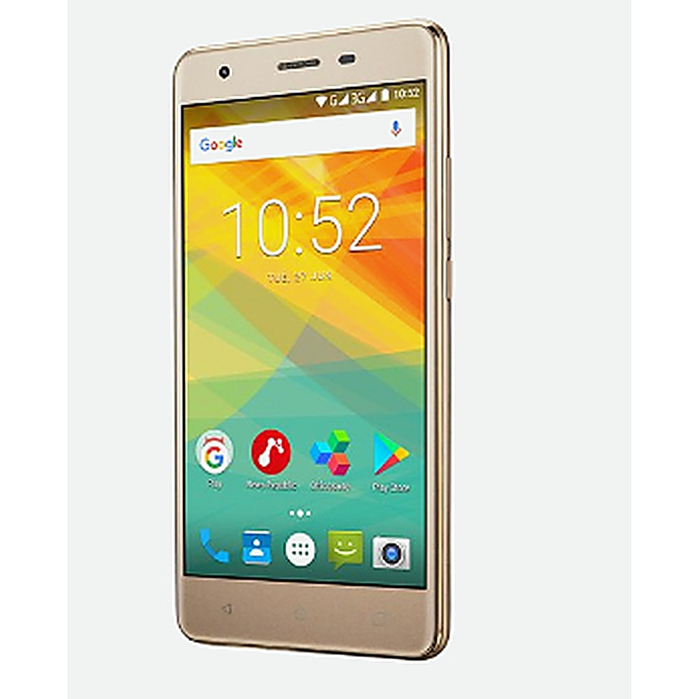 Smartphone dorato che mostra uno schermo con icone. L'ora è 10:52. Le icone includono Google, musica e fotocamera.