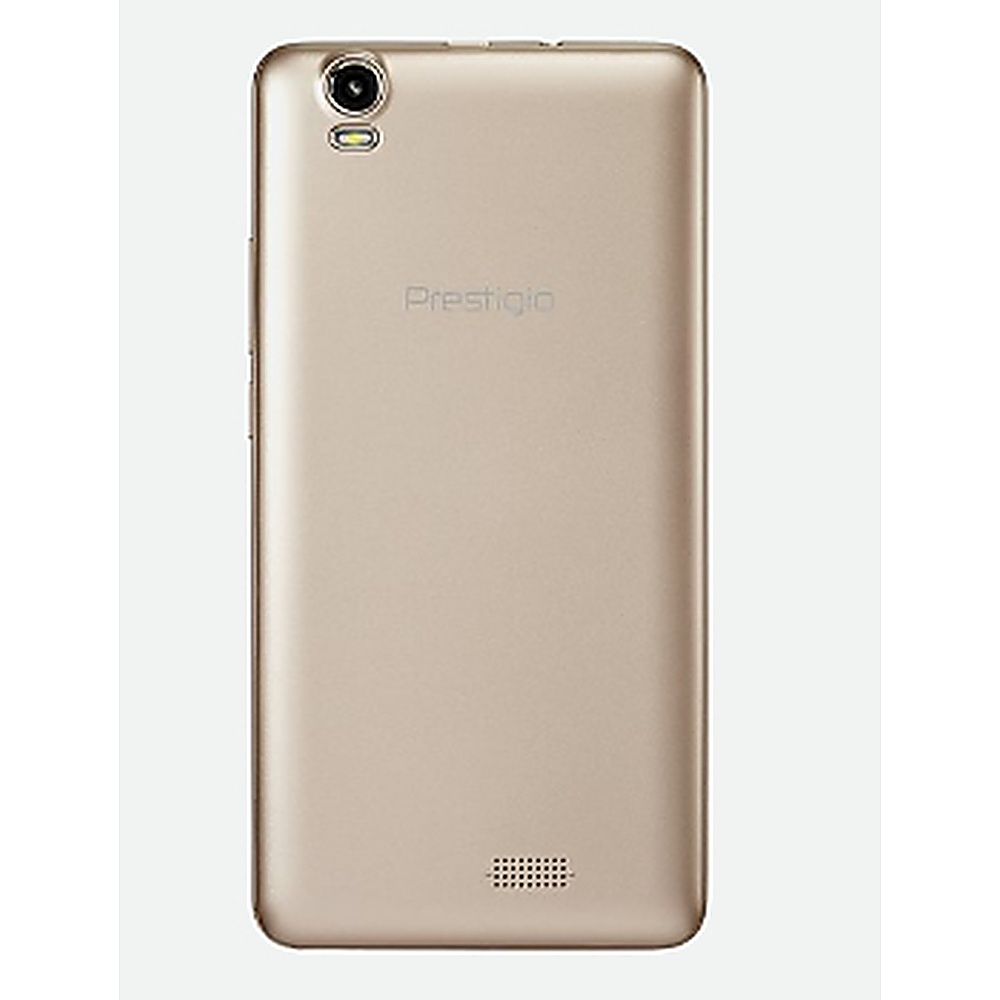 Un telefono Prestigio dorato, con la parte posteriore rivolta verso la fotocamera. La fotocamera è in alto, con un altoparlante in basso. Prestigio è al centro.