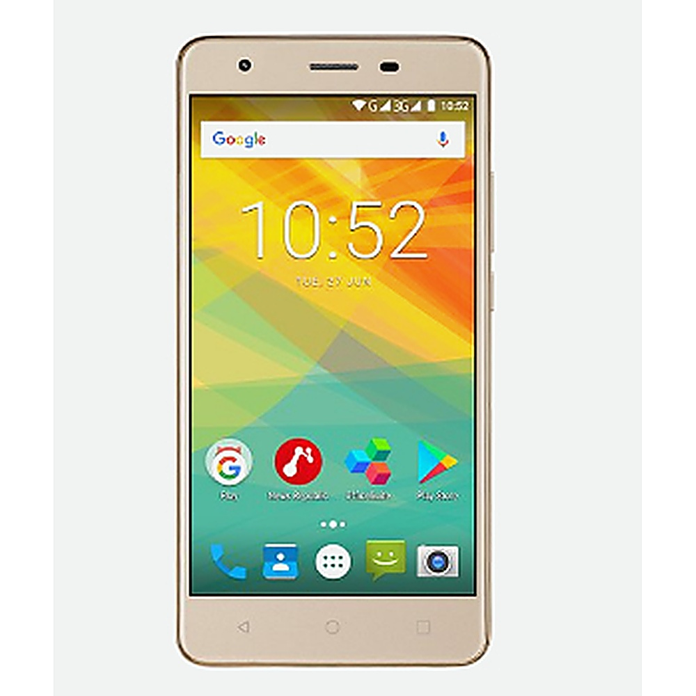 Smartphone dorato, vista frontale, che mostra lo schermo con icone. L'ora è 10:52. Lo schermo ha icone.