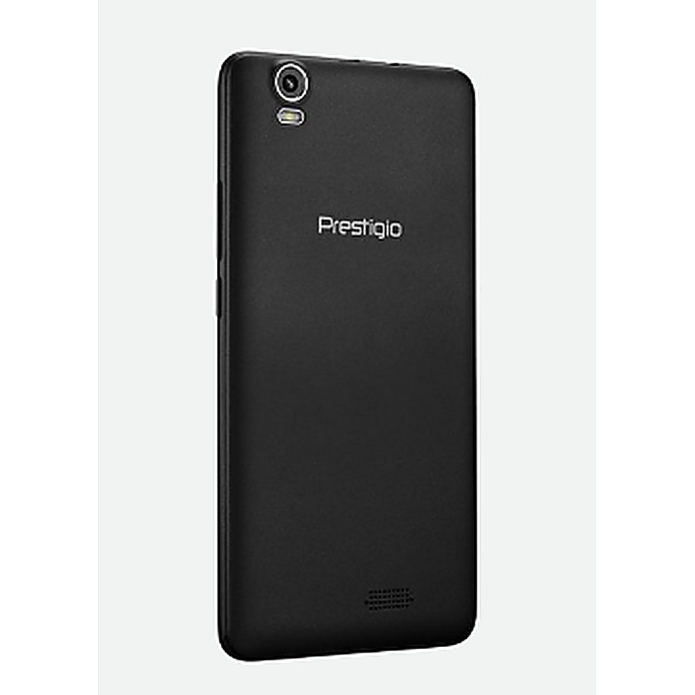 Retro del telefono Prestigio nero con fotocamera e altoparlante. Lo sfondo è bianco.