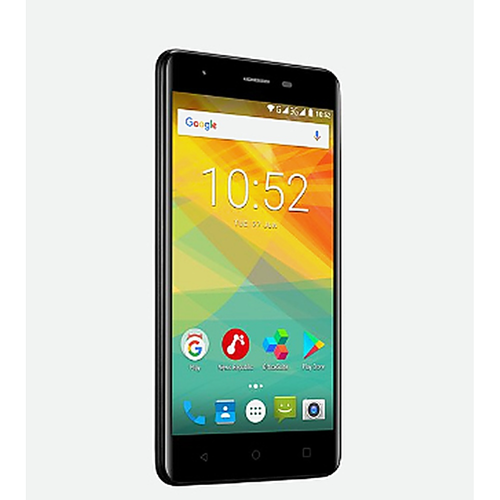 Uno smartphone nero con uno schermo colorato che mostra app e ora. Lo sfondo è bianco.