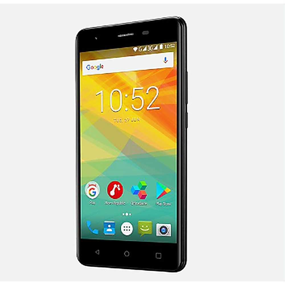 Smartphone nero con Google, ora 10:52 e icone di app su sfondo arancione brillante.