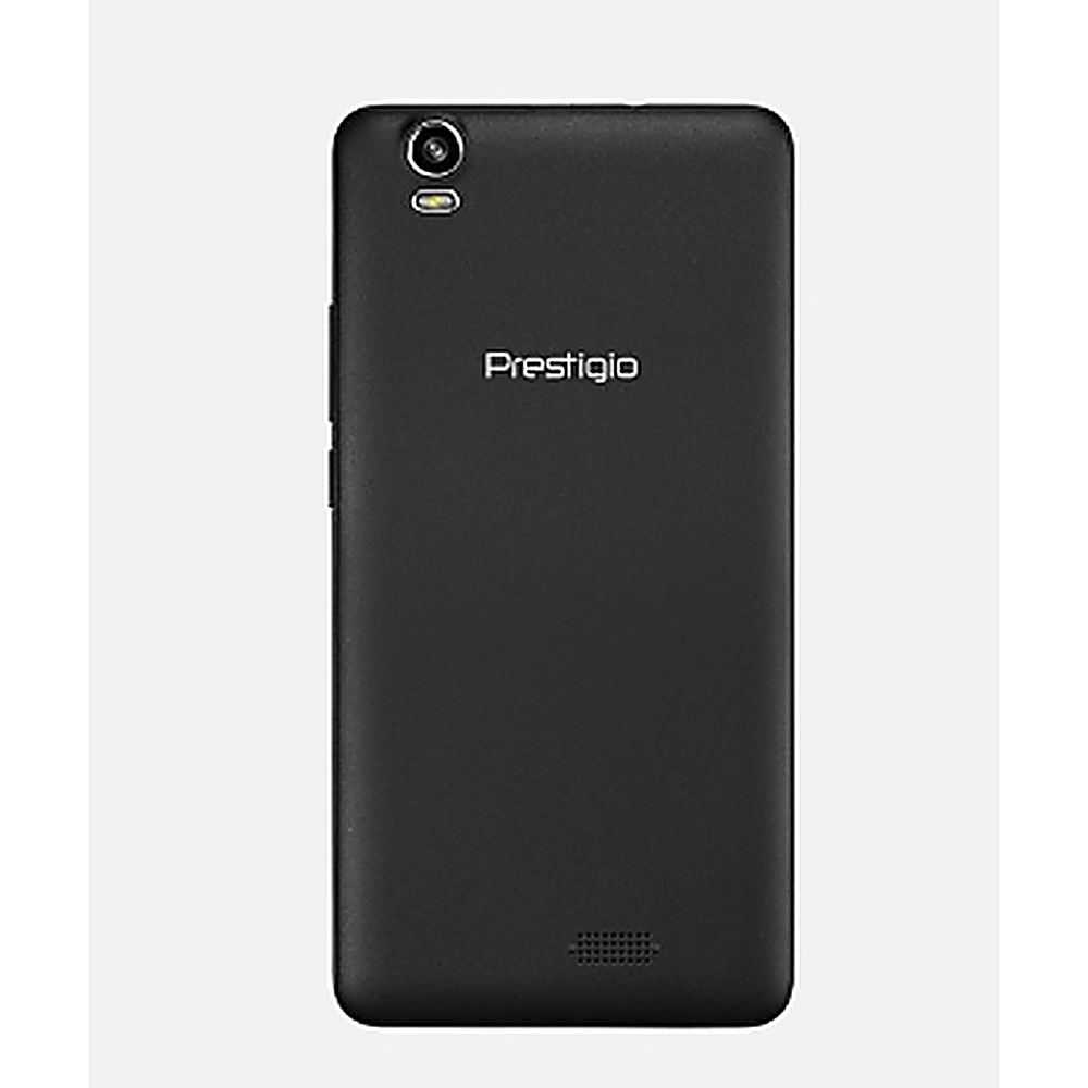 Retro del telefono Prestigio nero con fotocamera e altoparlante. Lo sfondo è bianco.