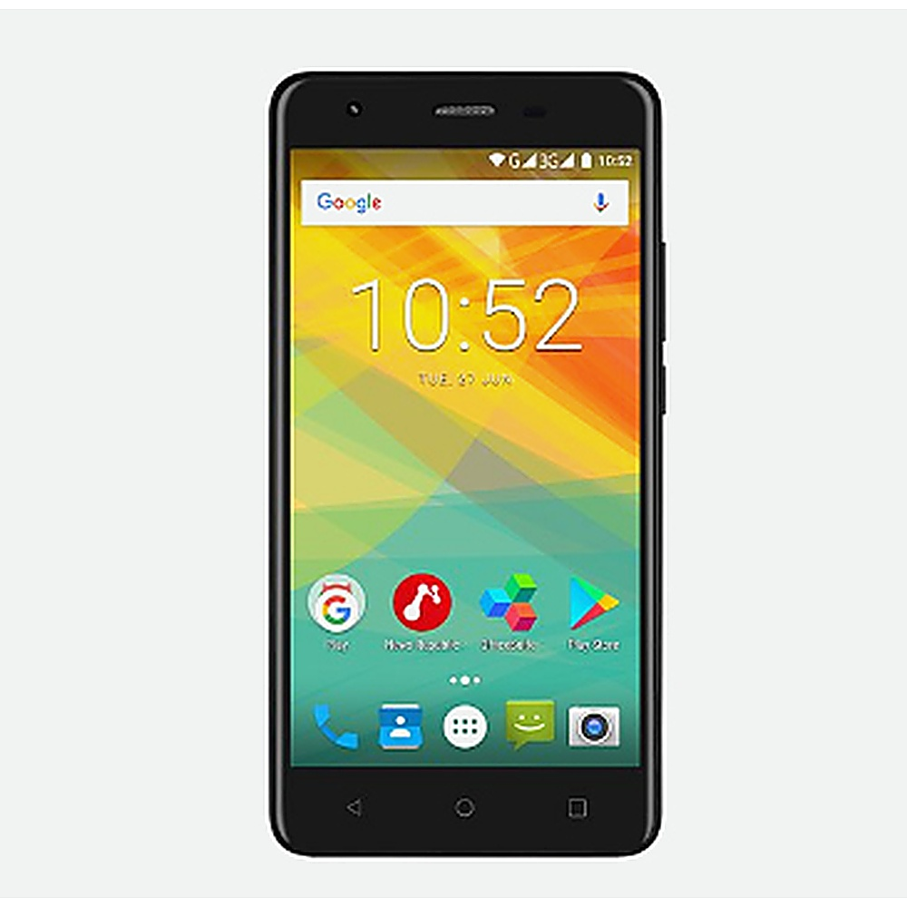 Smartphone nero visualizza Google, ora 10:52 e icone app, con sfondo colorato.