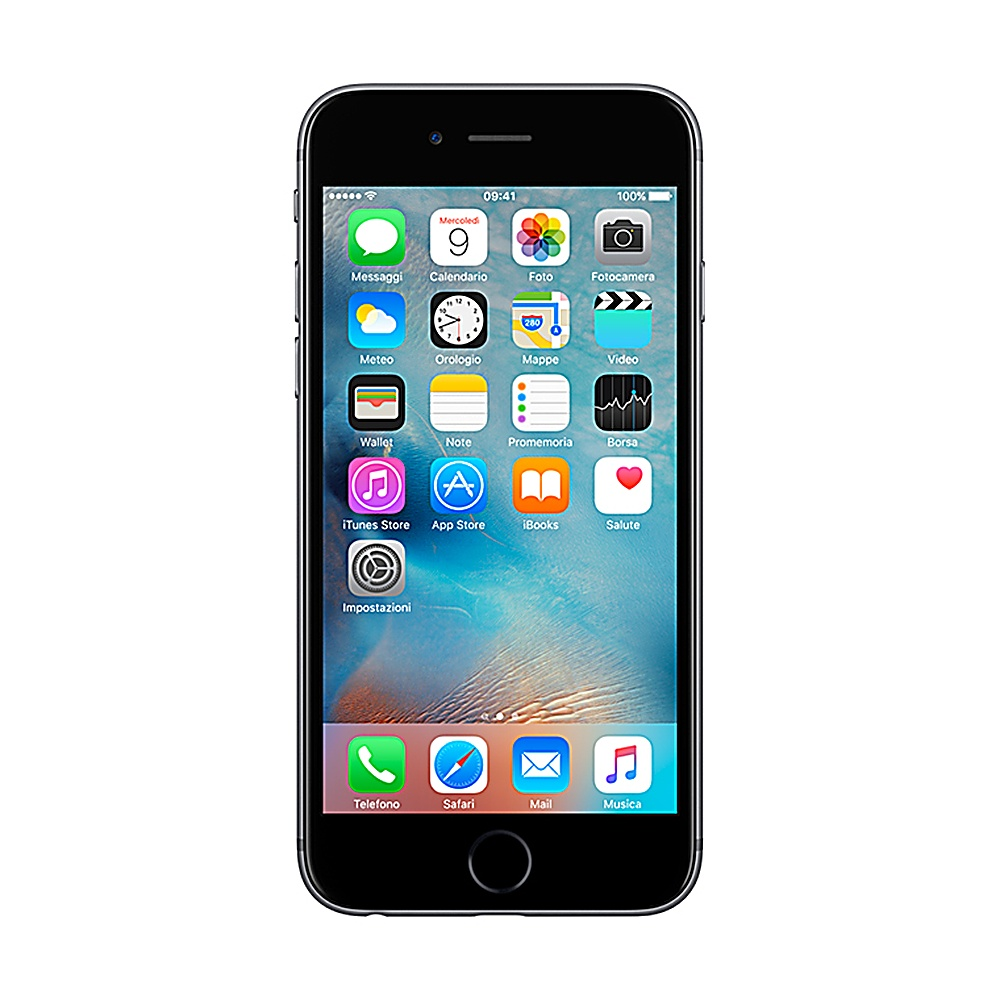 Un iPhone nero con icone delle app sullo schermo. Il telefono è su sfondo bianco. Mostra diverse app.