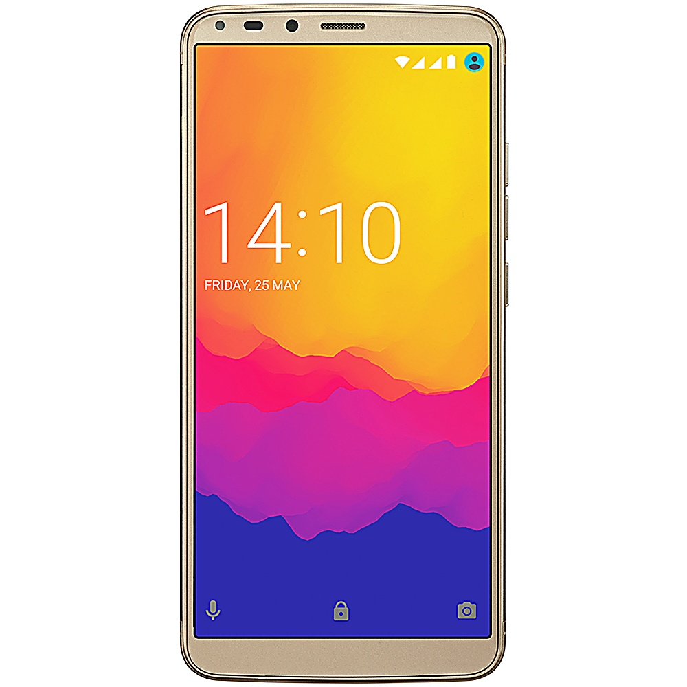 Smartphone dorato, vista frontale. Il display mostra l'ora, la data e uno sfondo astratto colorato.