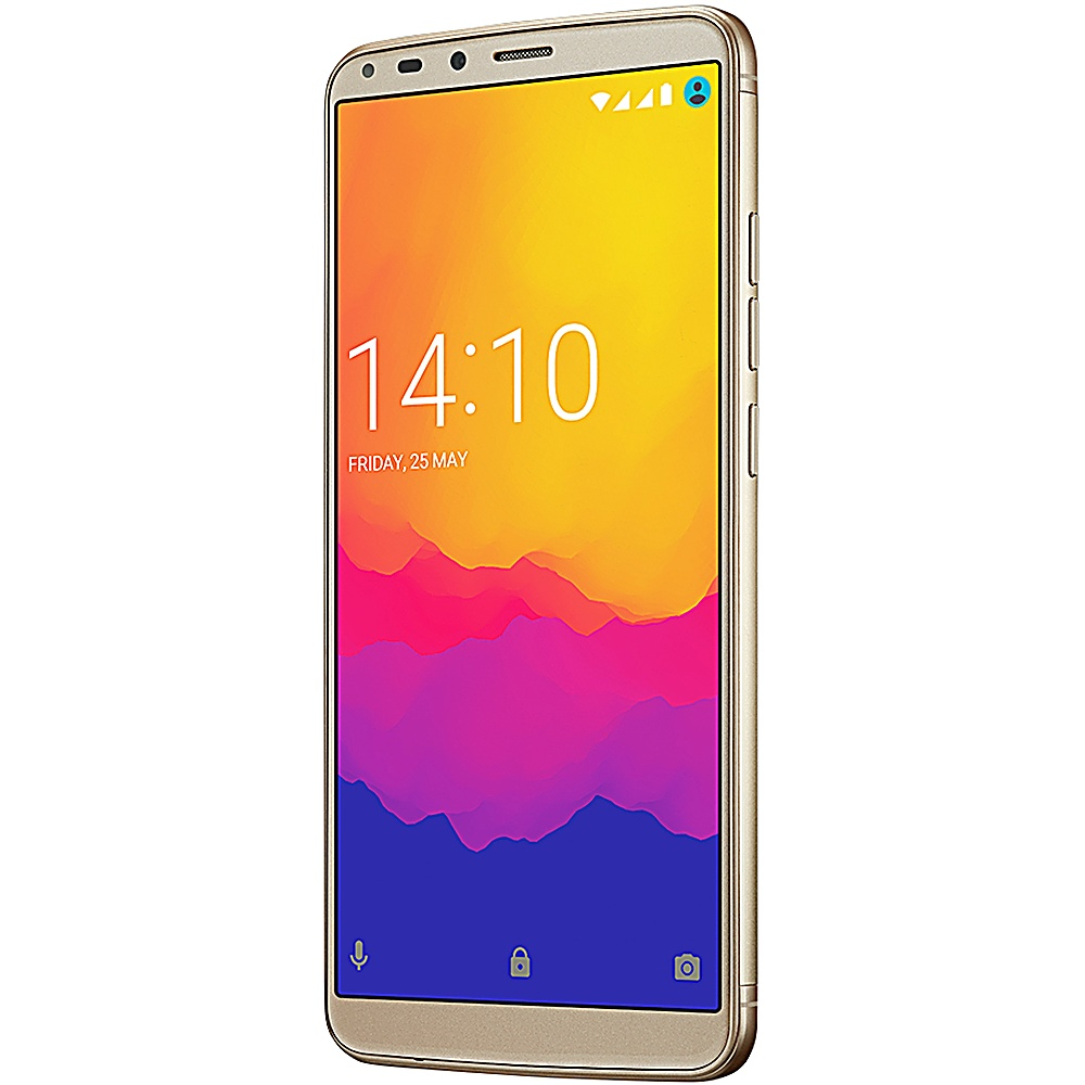 Smartphone dorato, vista angolata. Il display mostra l'ora, la data e uno sfondo astratto colorato.