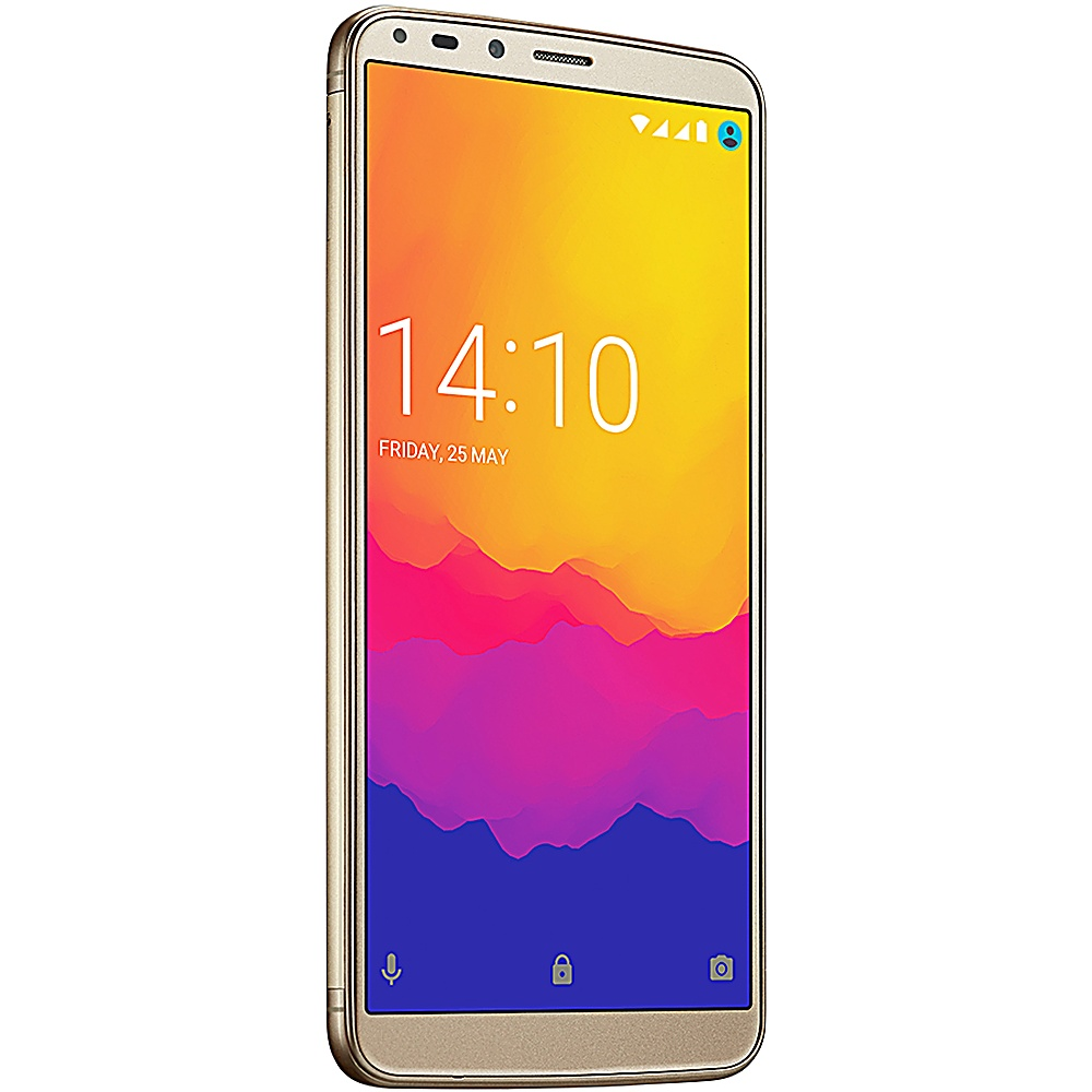 Smartphone oro mostra l'ora 14:10, venerdì 25 maggio, con sfondo sfumato colorato sullo schermo.