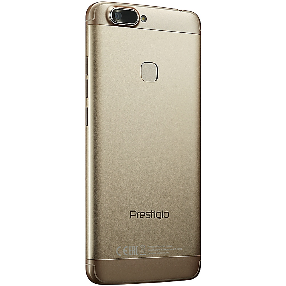 Retro smartphone dorato, logo Prestigio. Fotocamera e sensore impronte visibili. Marchio CE e testo.