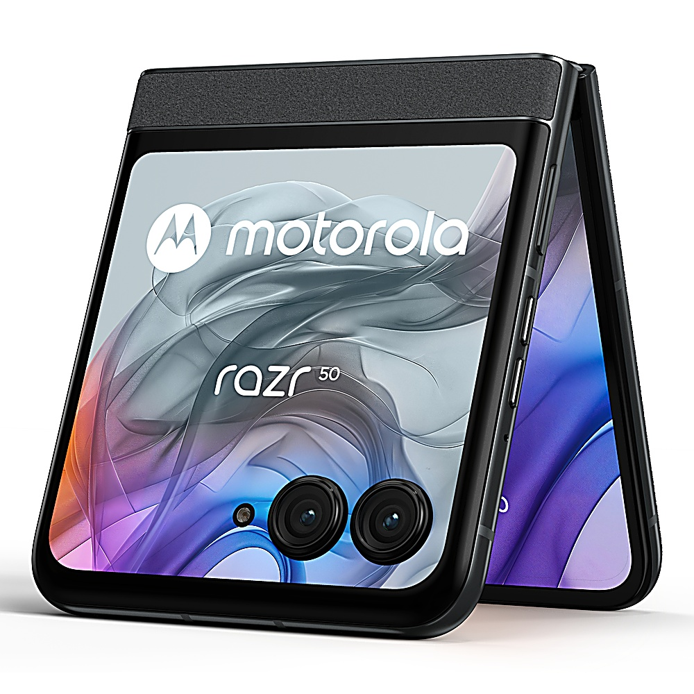 Telefono Motorola Razr 50 nero in posizione aperta. Mostra il logo Motorola e le parole Razr 50.