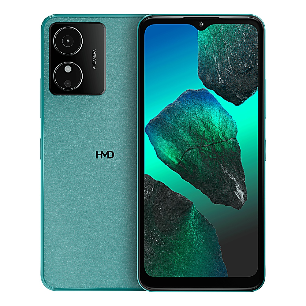 Un telefono verde acqua con doppia fotocamera e HMD scritto sopra. Lo schermo mostra un paesaggio roccioso. Il telefono è visto da dietro.