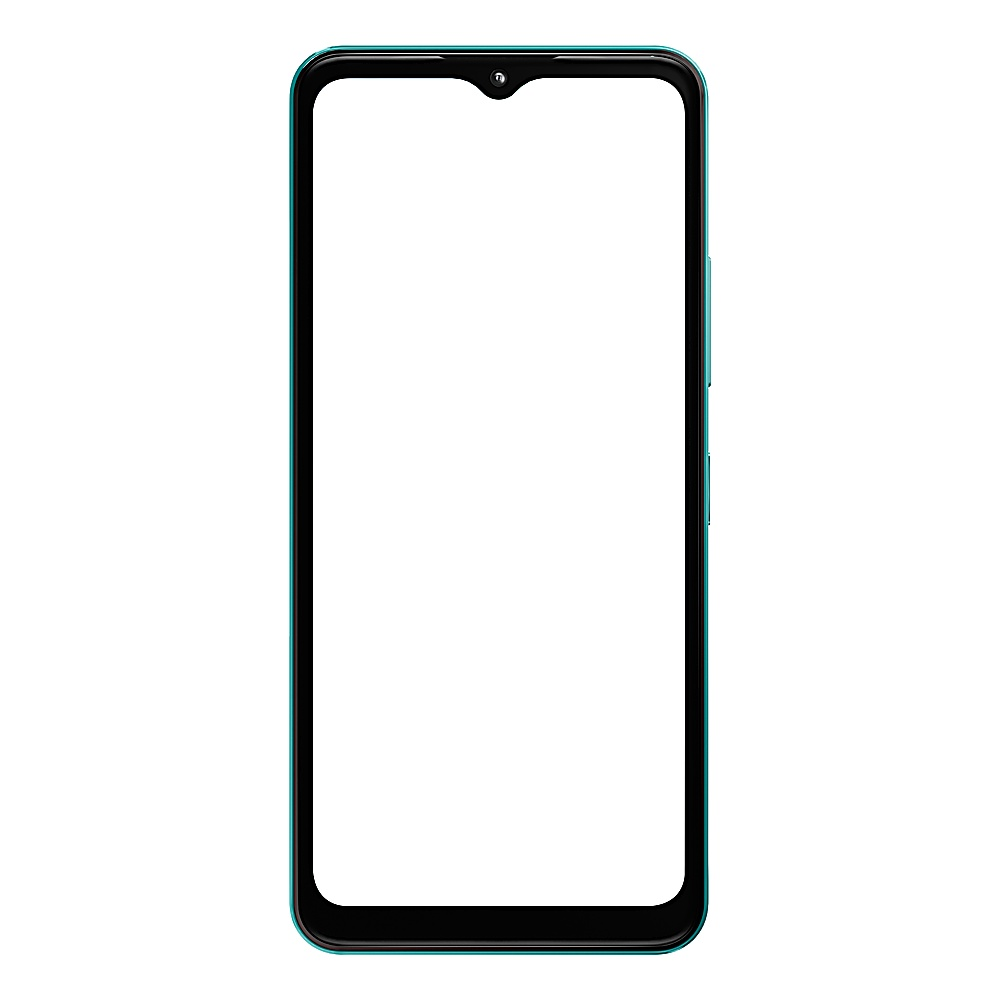 Smartphone con schermo bianco vuoto. Cornice turchese, vista frontale. Semplice e pulito, pronto per i contenuti.