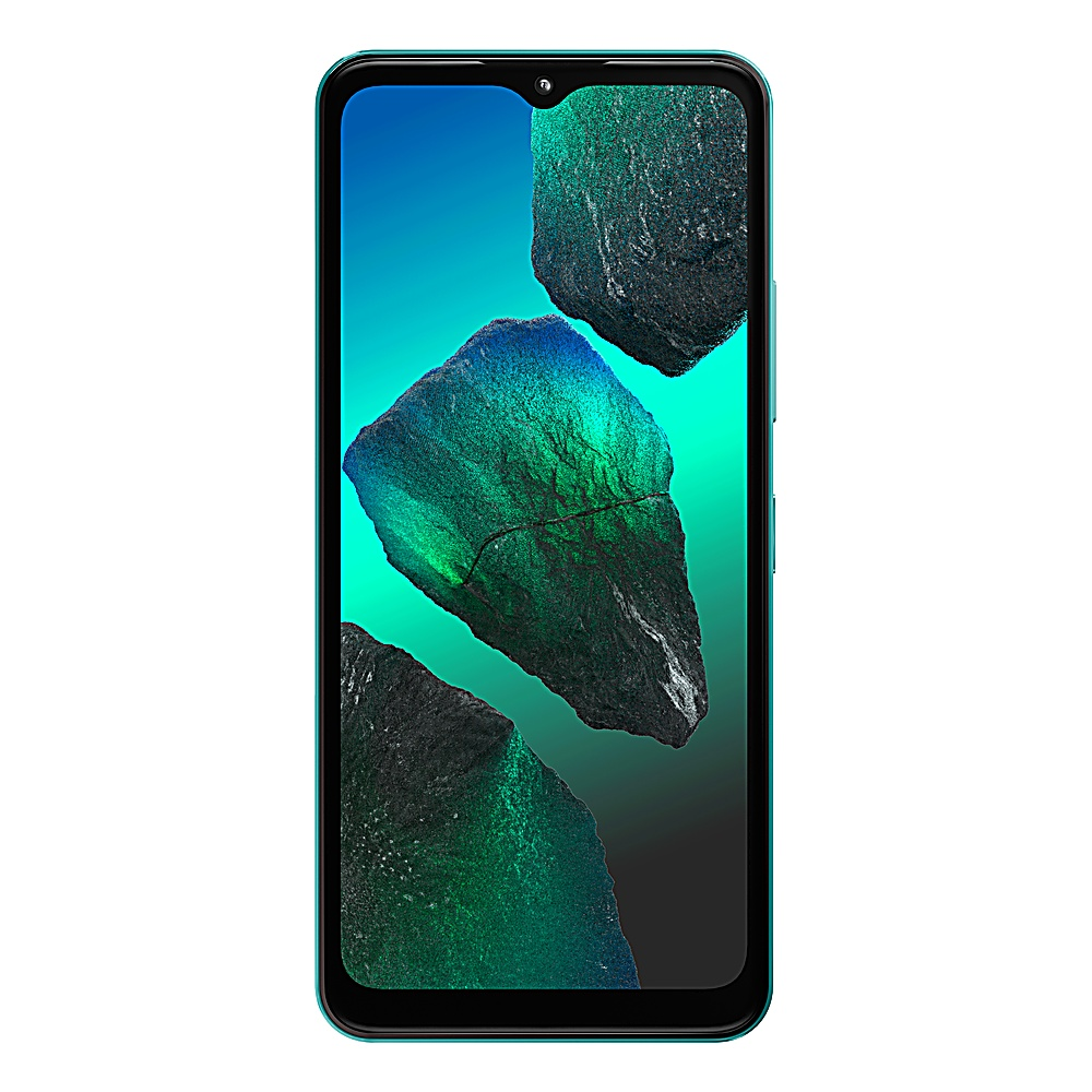 Smartphone con cornice turchese. Il display mostra forme astratte simili a rocce con colori turchese e blu.