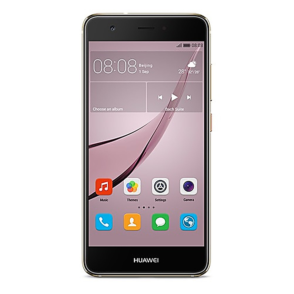 Smartphone dorato che mostra una schermata iniziale con icone di app e ora in alto. Logo Huawei.