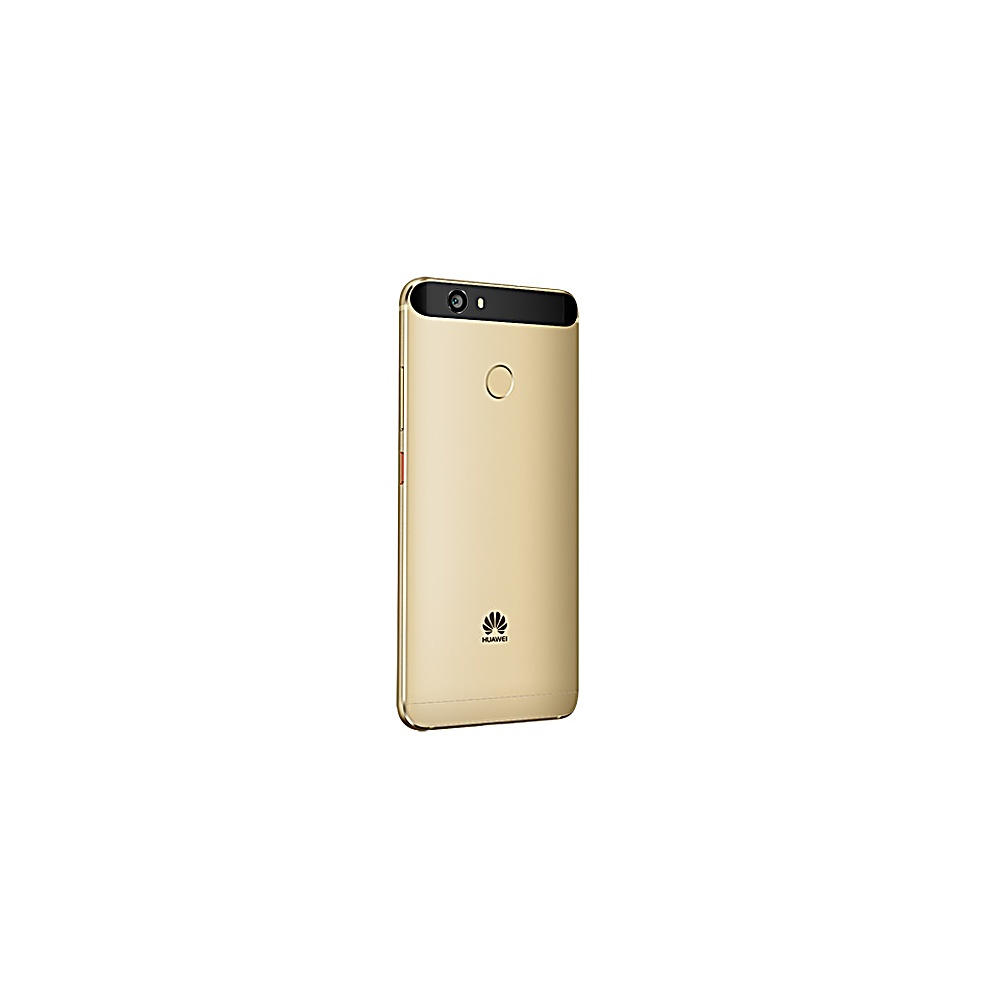 Vista posteriore di uno smartphone dorato con fotocamera e logo Huawei. La fotocamera è in alto a sinistra.