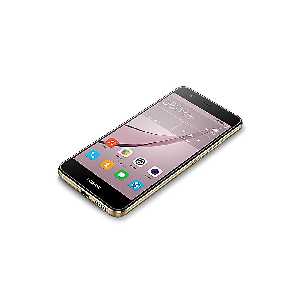 Smartphone dorato angolato, che mostra una schermata iniziale con icone di app e ora. Logo Huawei.