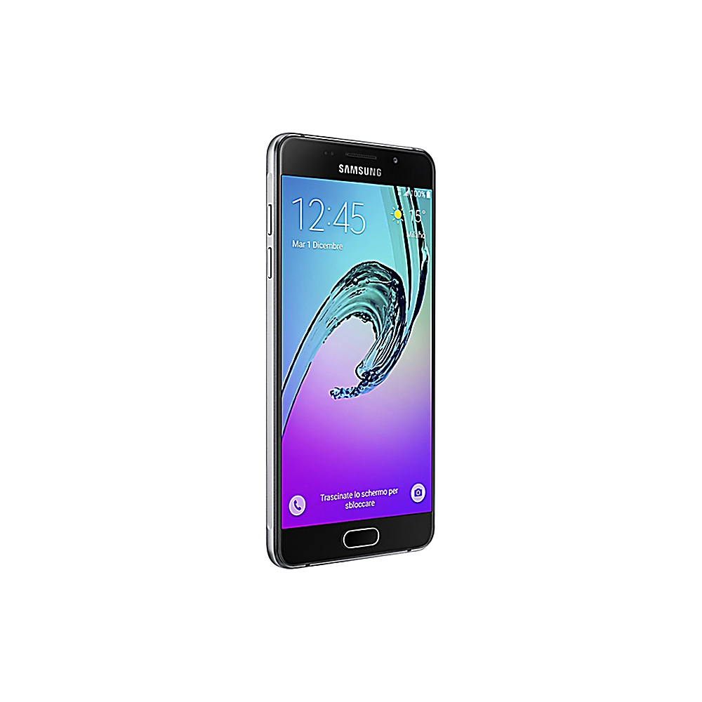 Ein schwarzes Smartphone in einem Winkel, das einen Sperrbildschirm mit Uhrzeit und lila Hintergrund anzeigt.