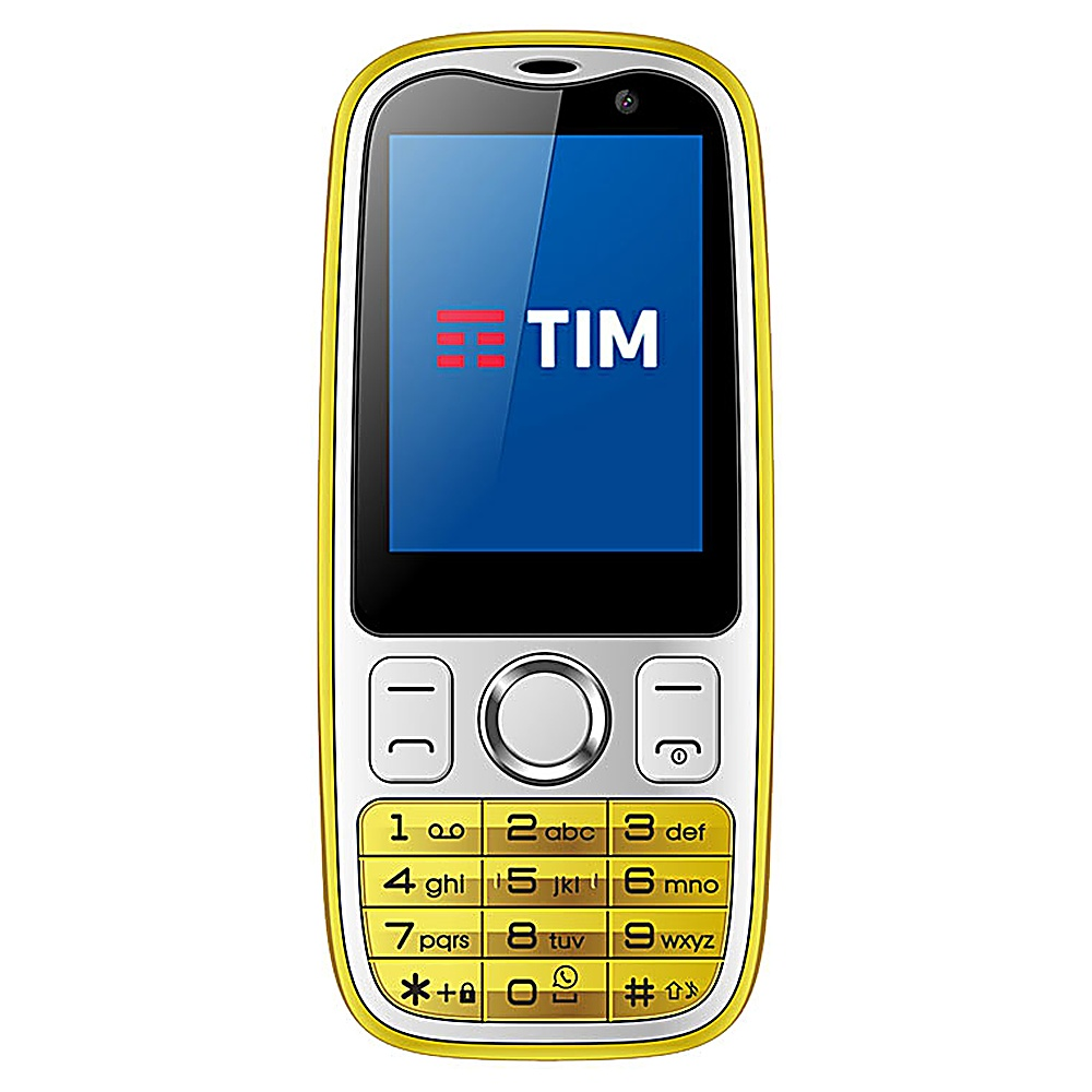 Parte anteriore del telefono giallo che mostra un logo TIM e tastiera.