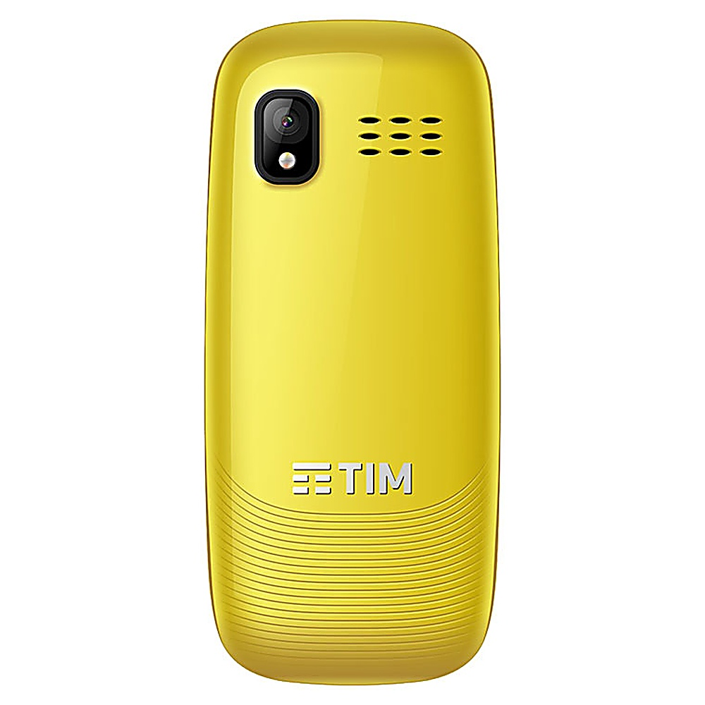 Retro del telefono giallo con fotocamera, flash e logo TIM.