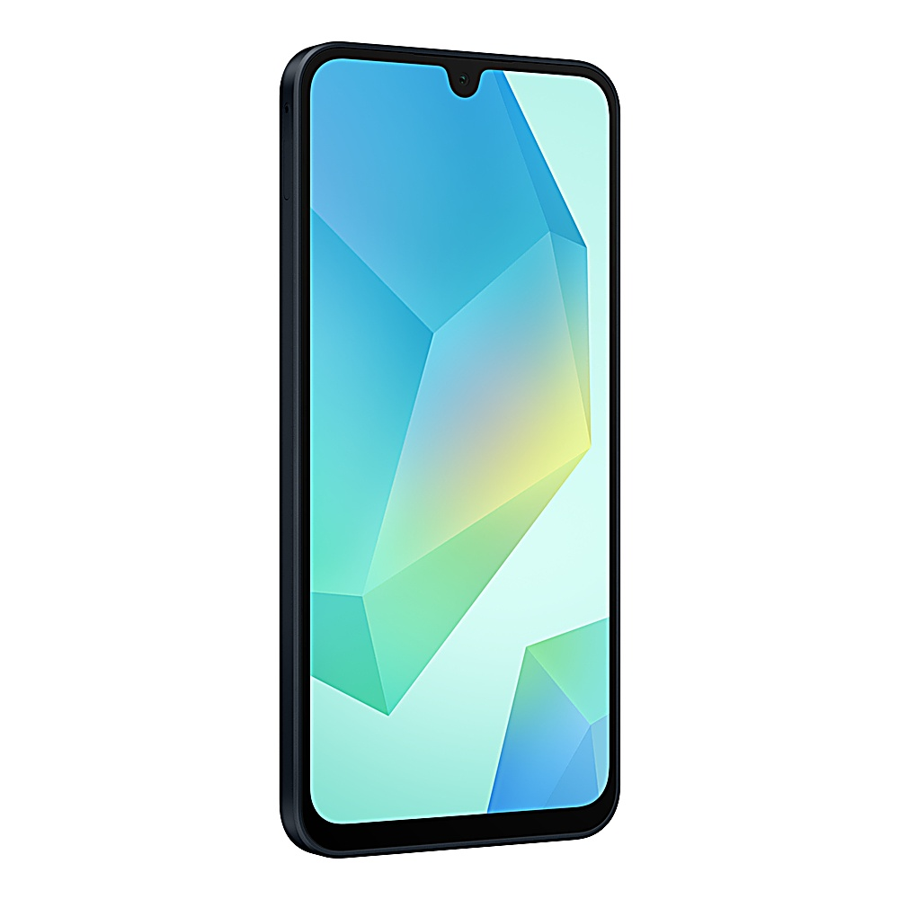 Smartphone con un design geometrico blu e giallo sullo schermo, con una cornice blu scuro.