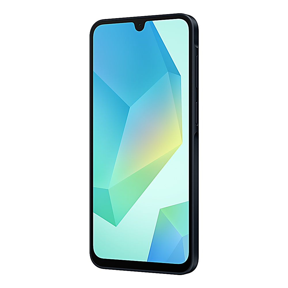 Uno smartphone nero con schermo colorato, leggermente inclinato. Lo schermo mostra un design geometrico con blu, giallo e verde.