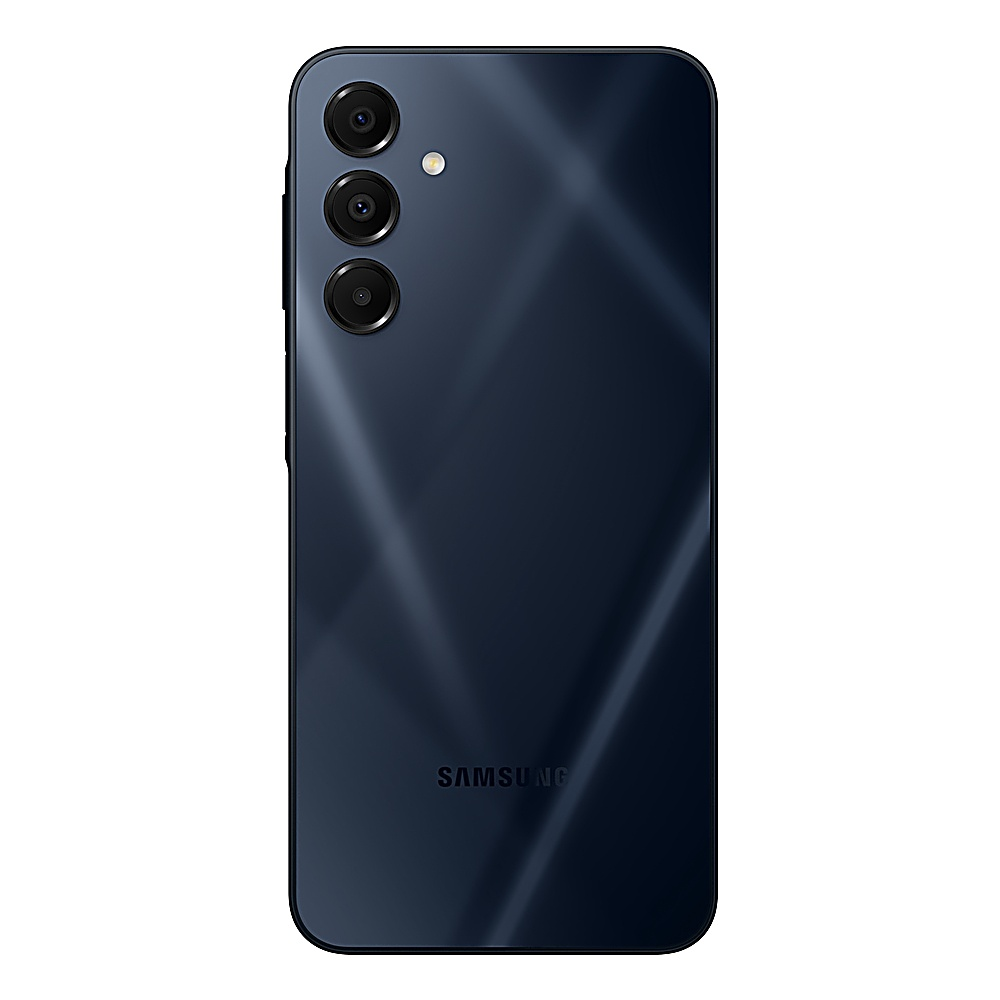 Retro di uno smartphone Samsung blu navy. Tre fotocamere allineate verticalmente.