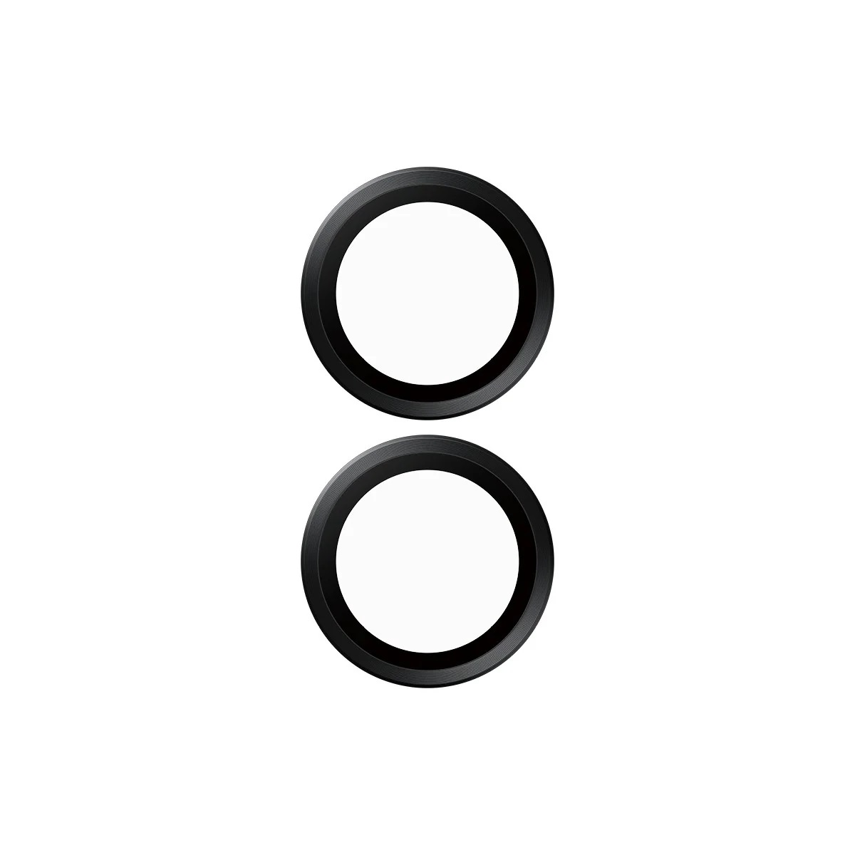 Due protezioni per lenti della fotocamera nere, circolari, su sfondo bianco.
