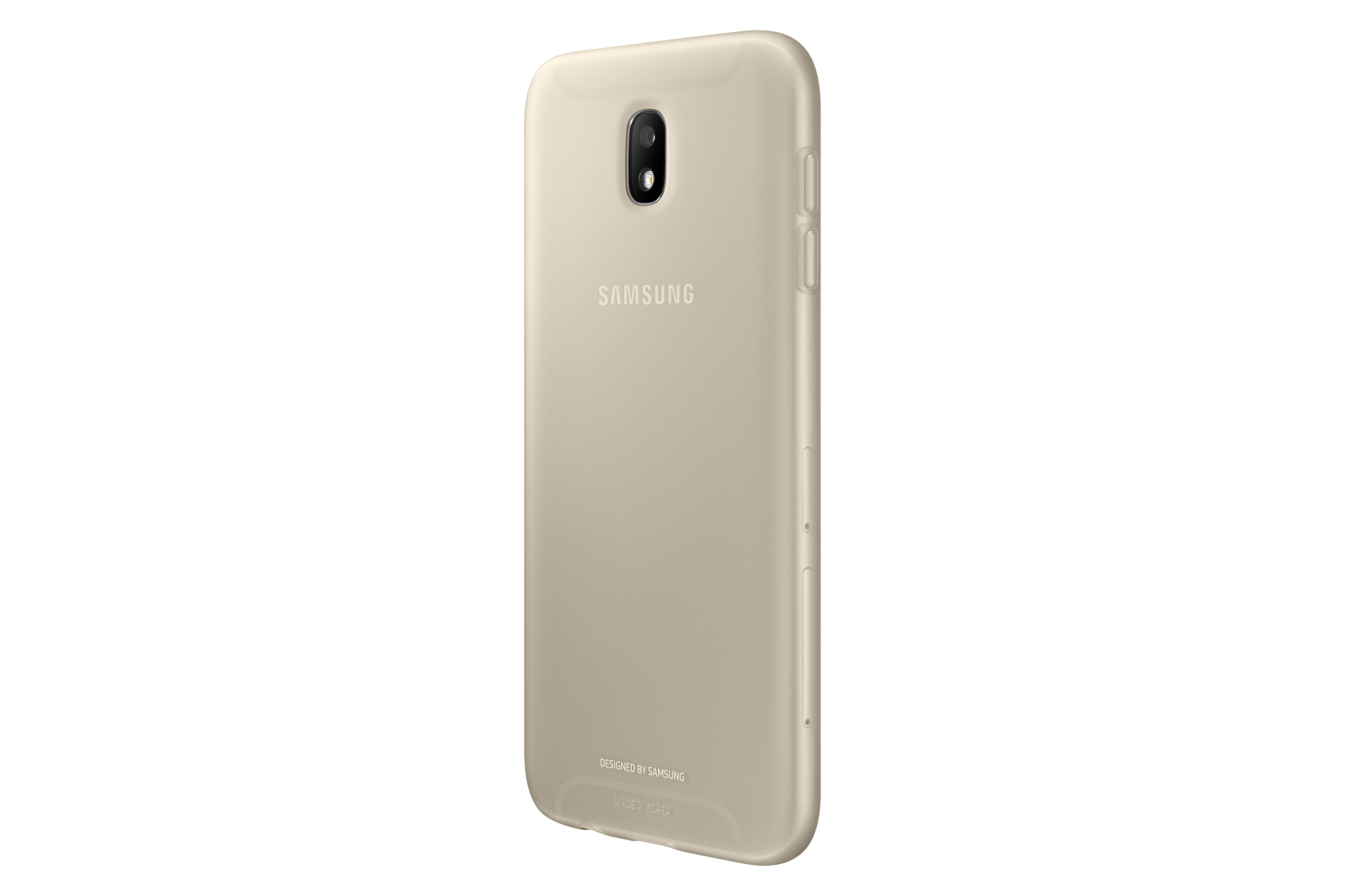 Funda dorada con logo Samsung y cámara. Fondo blanco, se ve la parte trasera del teléfono.