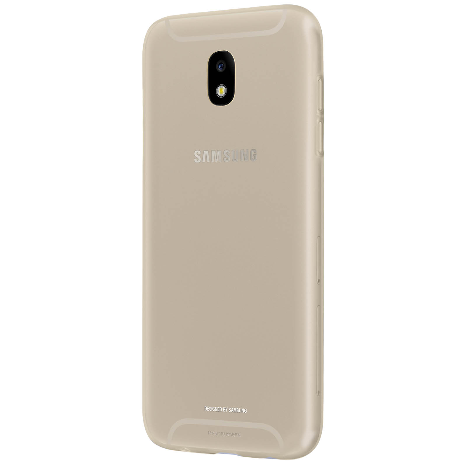 Una funda beige con el logo de Samsung, una protuberancia de la cámara y las palabras 'Designed by Samsung'.
