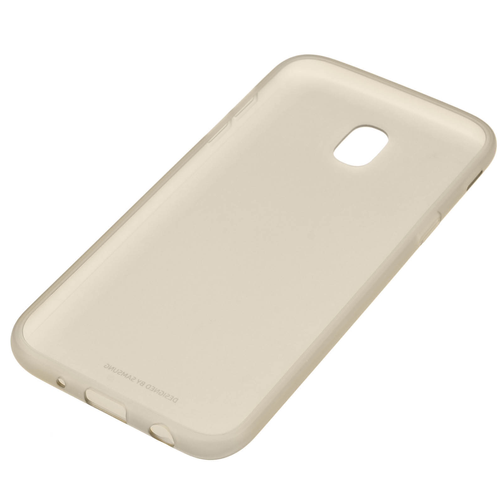 Funda de teléfono beige claro. La funda está vacía y tiene recortes para la cámara y el puerto de carga.