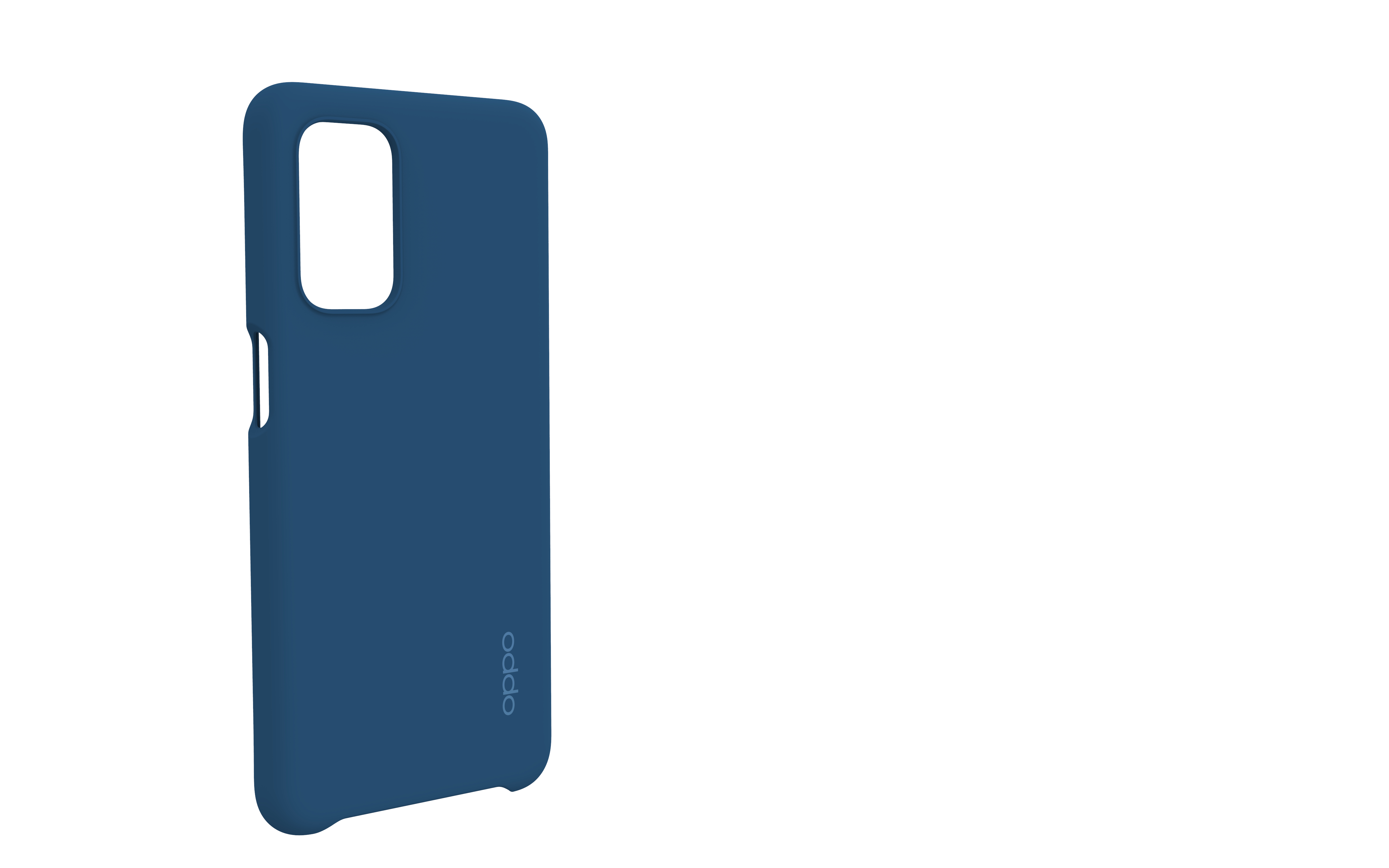 Custodia blu navy con intaglio fotocamera e logo Oppo. Sfondo bianco.