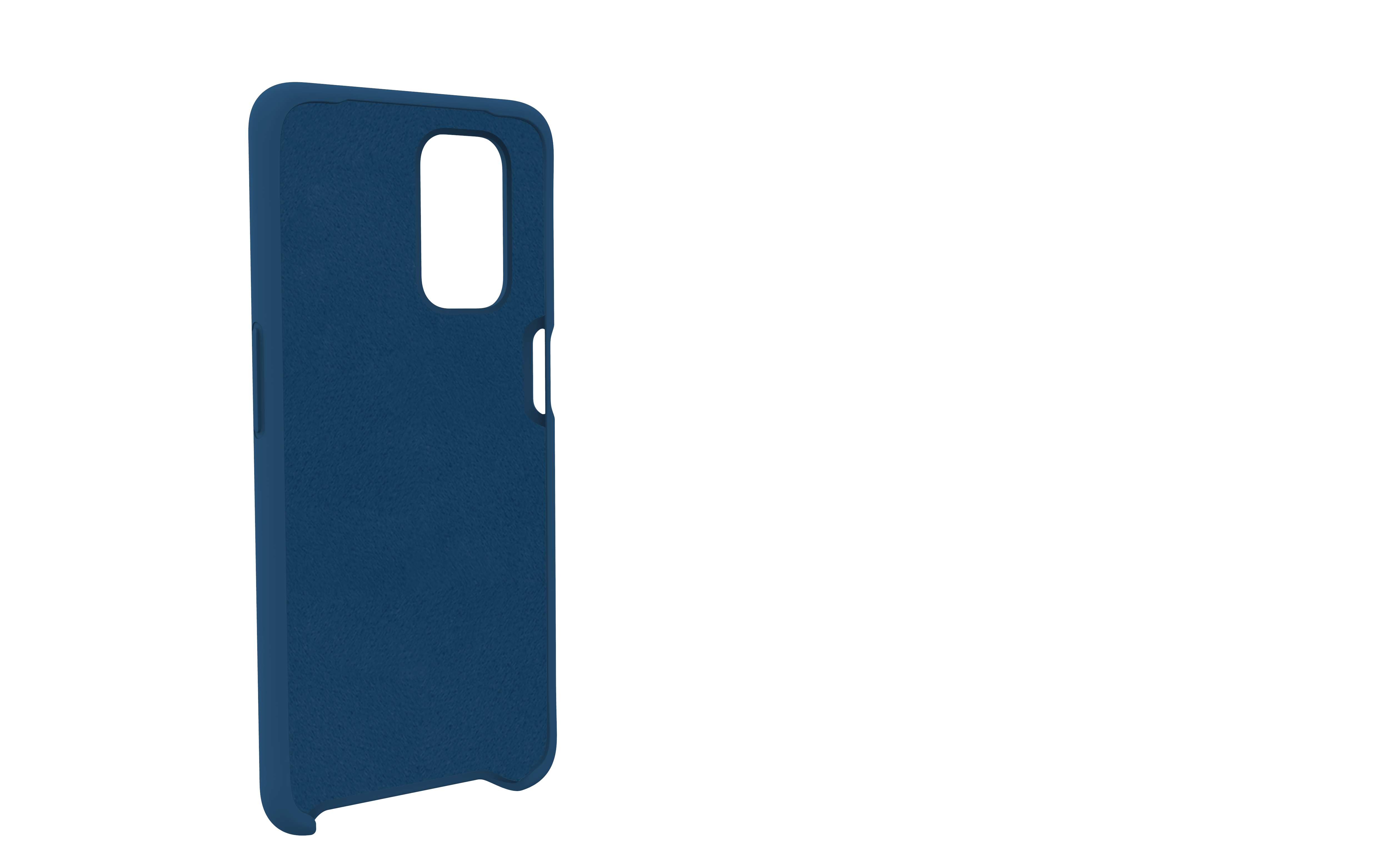 Custodia per telefono blu navy angolata a sinistra, con intaglio per fotocamera. Sfondo bianco.