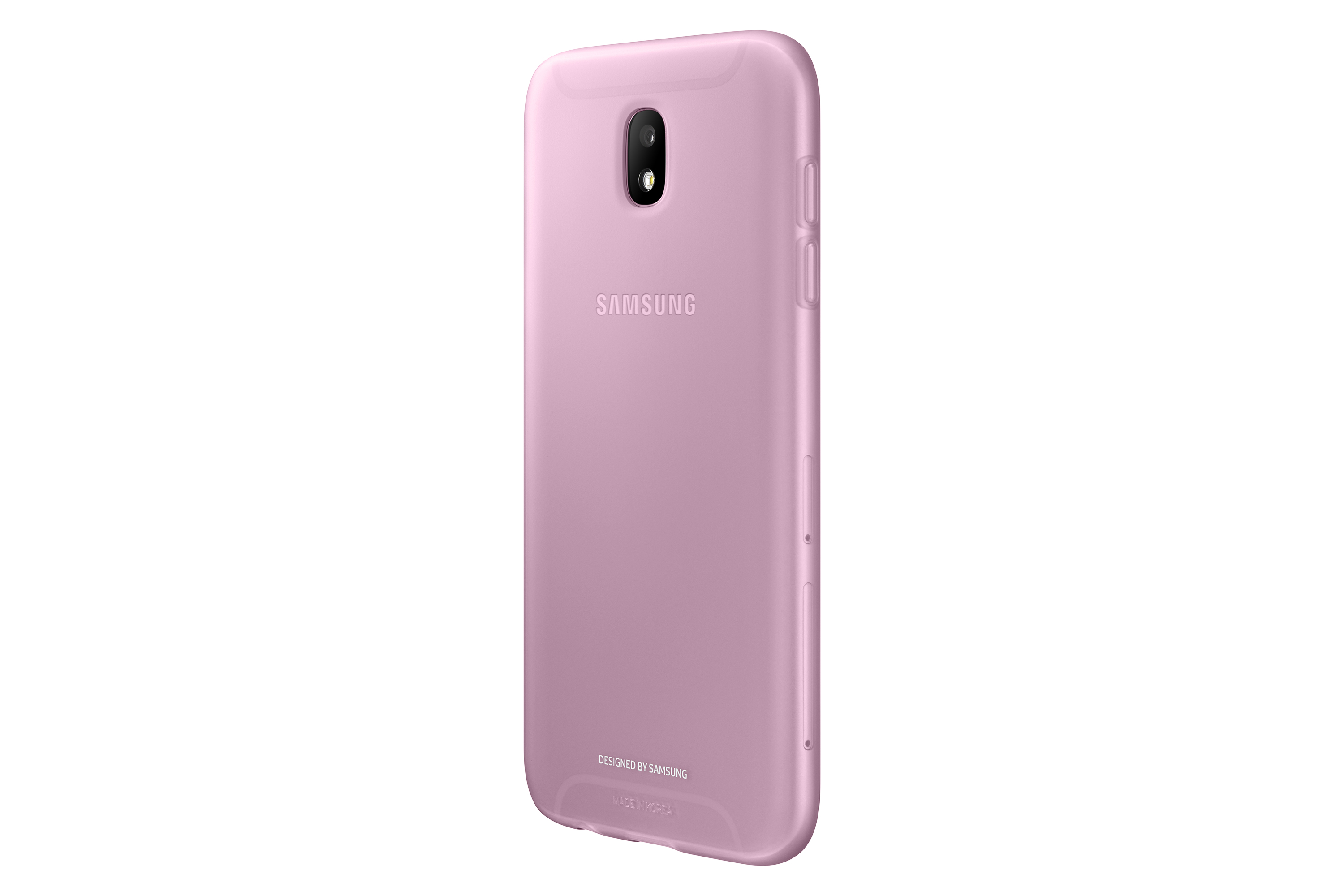 Funda rosa para teléfono con logo Samsung y cámara. Fondo blanco, trasera visible.