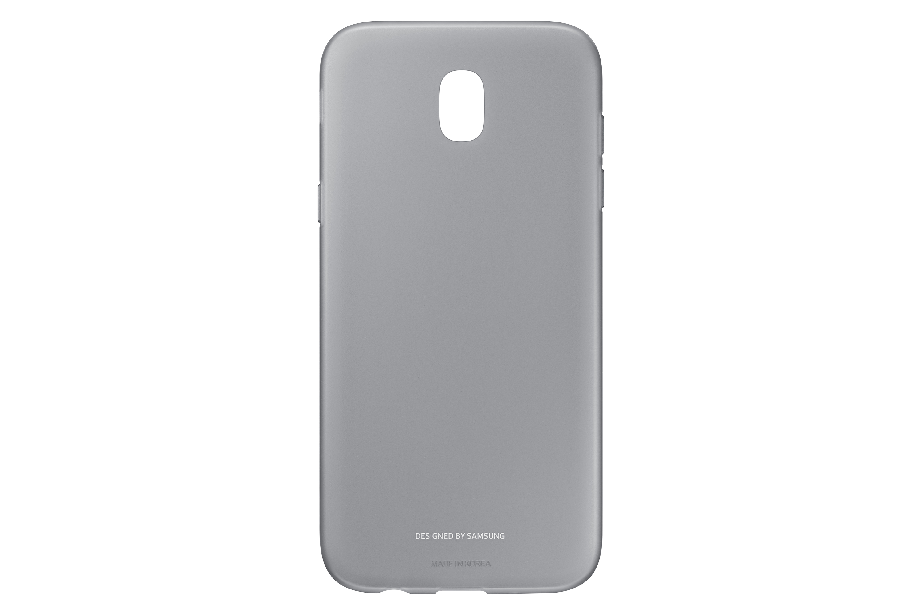 Una funda gris con recorte para la cámara, 'Designed by Samsung' y 'Made in Korea'.