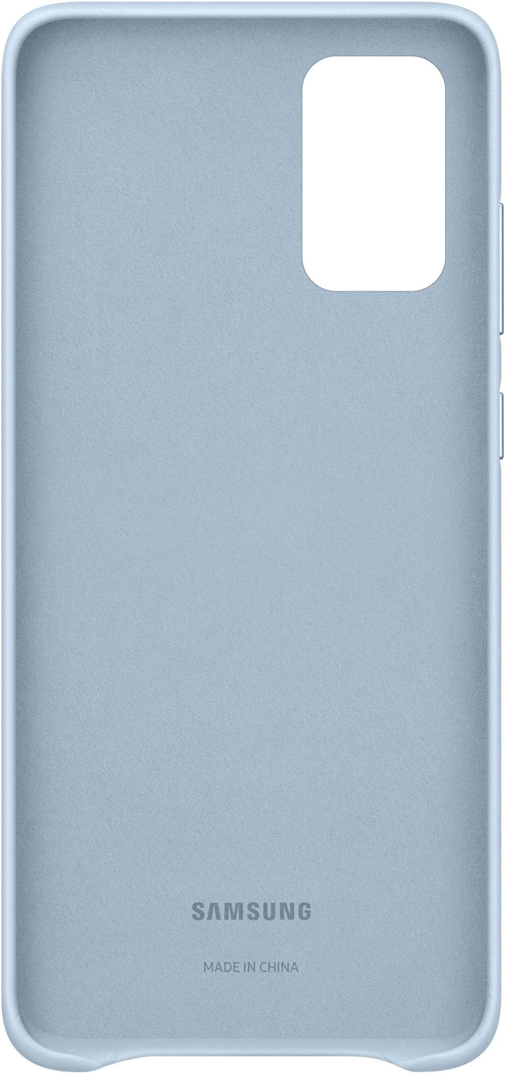 Funda azul claro para teléfono con logo Samsung. Fondo blanco, trasera visible.