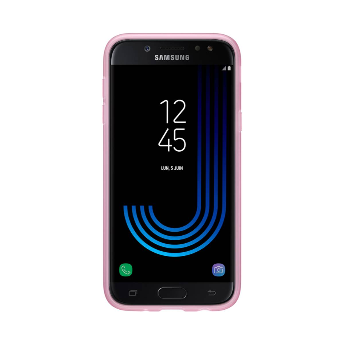 Un teléfono negro con una funda rosa. La pantalla muestra la hora, la fecha y los iconos de las aplicaciones.