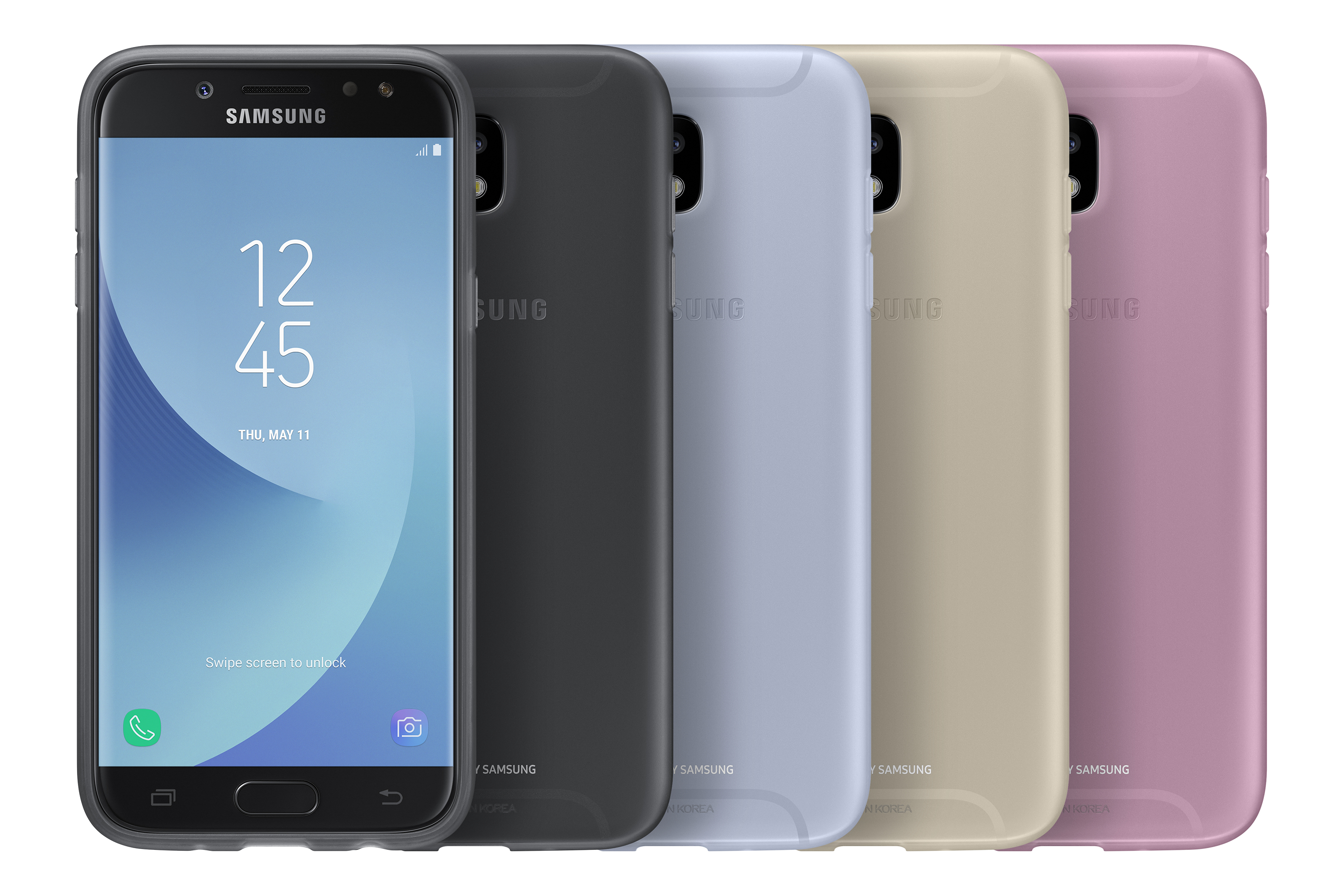 Un smartphone con la pantalla frontal y cuatro fundas, negro, gris, azul y rosa, sobre fondo blanco.