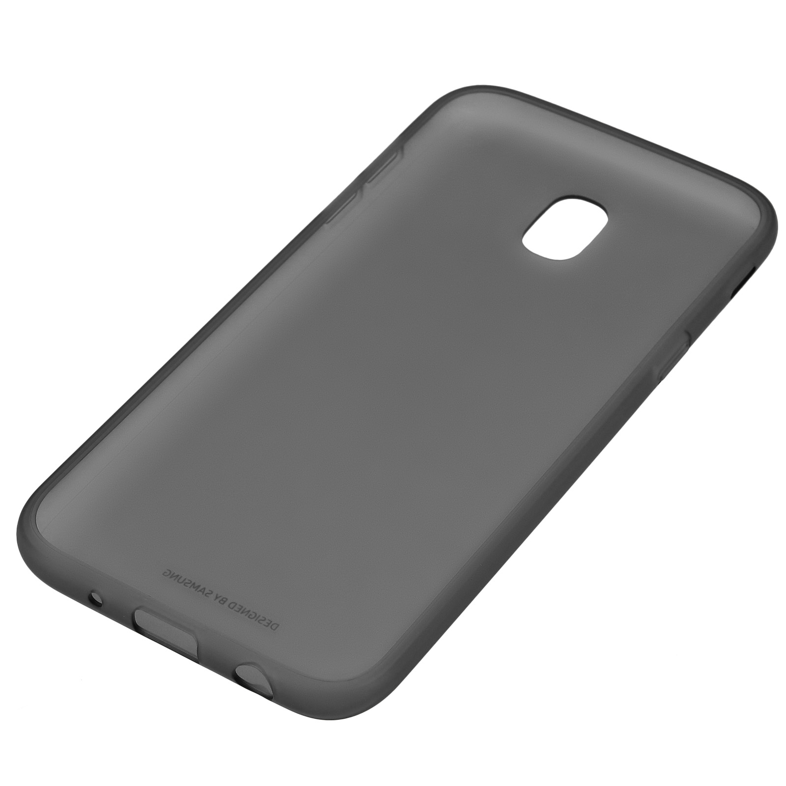 Una funda de teléfono gris oscuro con un recorte para la cámara, sobre un fondo blanco.