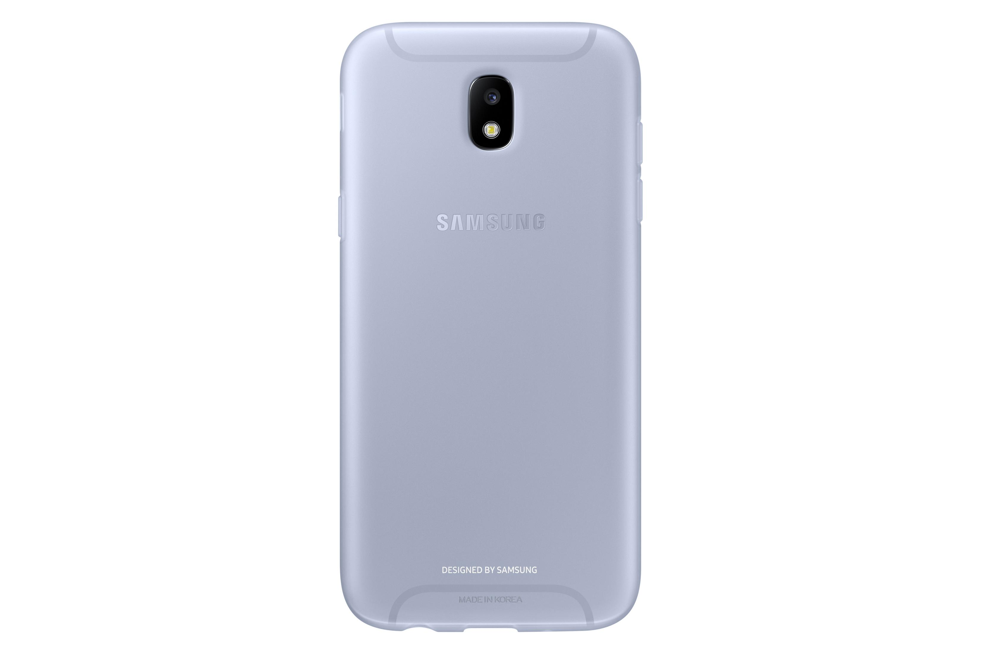 Una custodia per telefono azzurra, vista da dietro, con il logo Samsung. La custodia è su sfondo bianco.