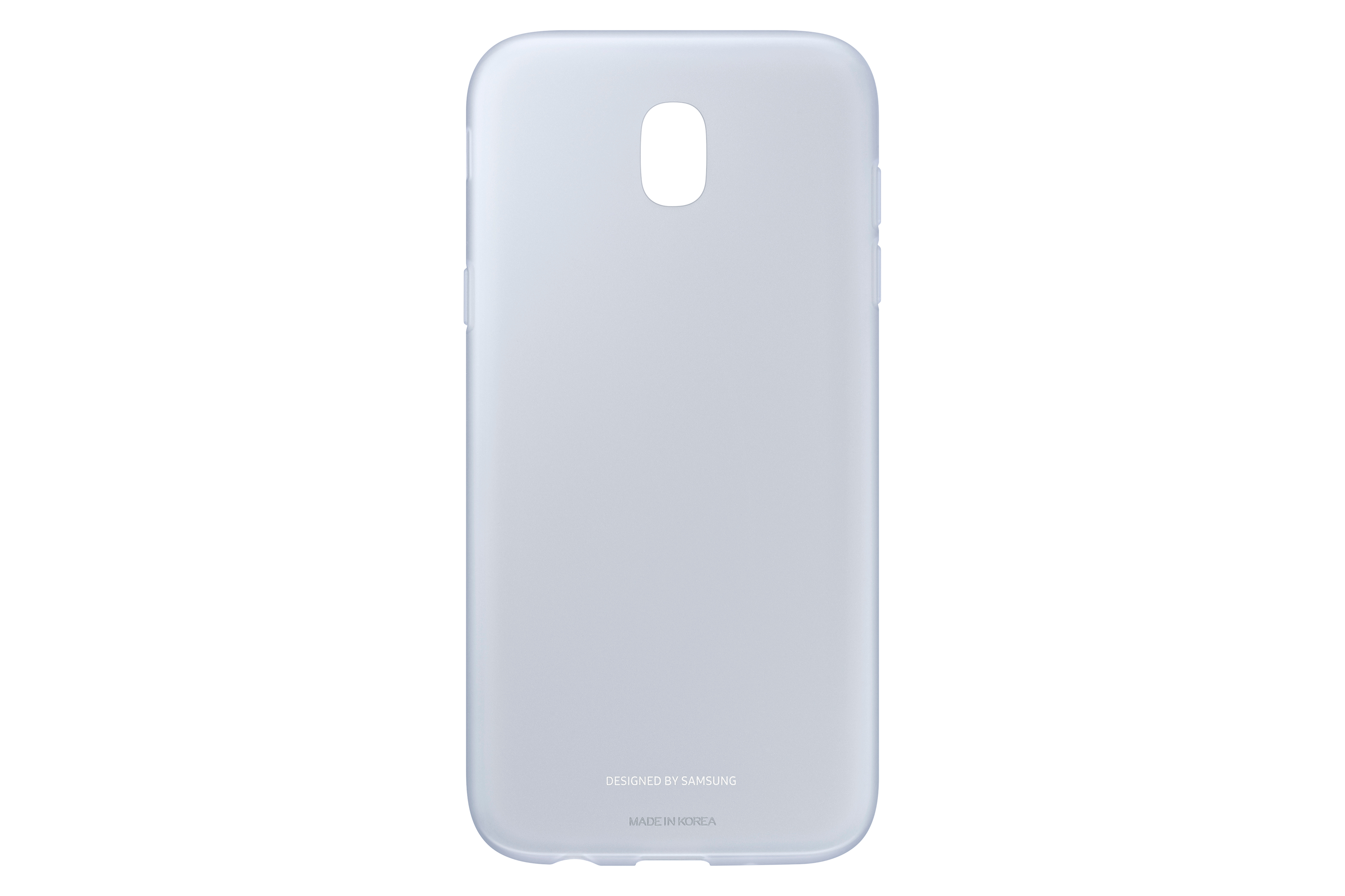 Custodia azzurra per telefono con logo Samsung. Sfondo bianco, retro del telefono visibile.