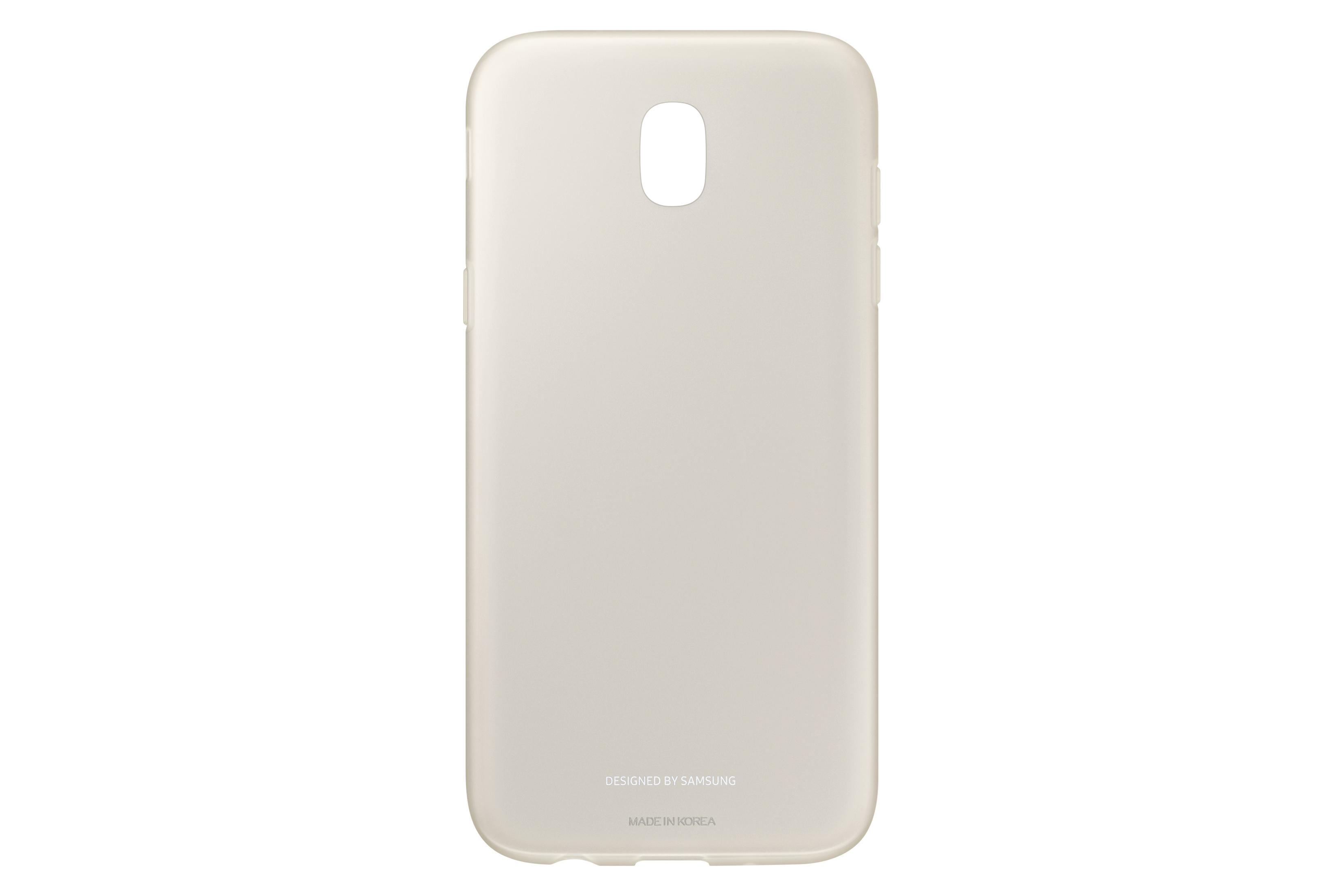 Una funda de teléfono beige, vista desde atrás, con el logo de Samsung y el texto 'Designed by Samsung'. Fondo blanco.